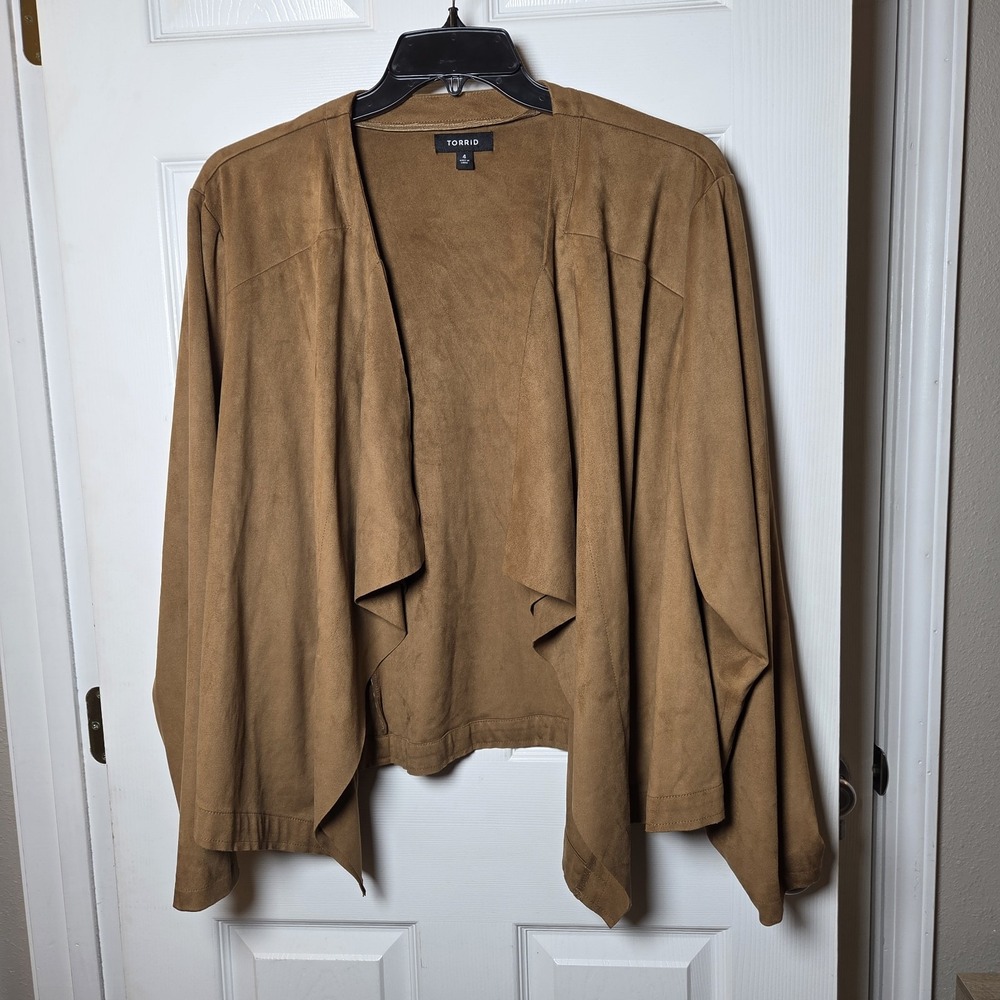 Torrid sz 4 faux suede brown camel open front draped jacket fall basic casual